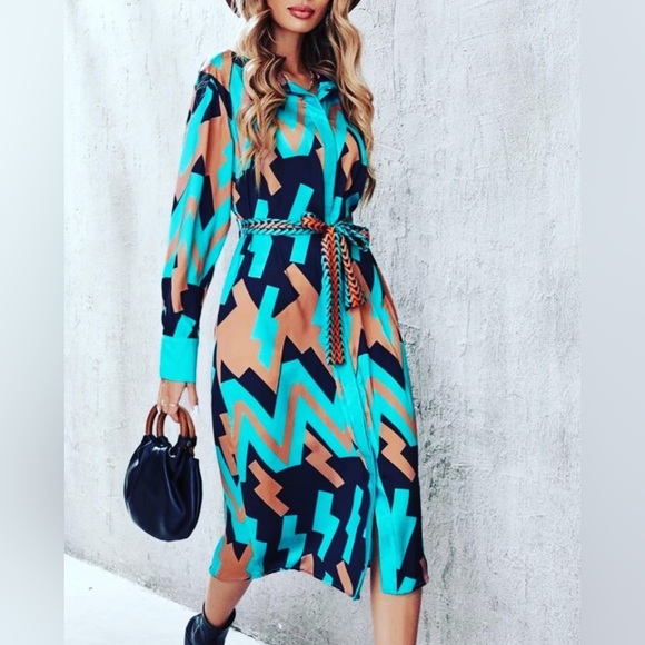 💙 NWT MOD SLINKY RETRO 1960’s STYLE SHIRT MIDI ABSTRACT DRESS LARGE - Picture 2 of 10